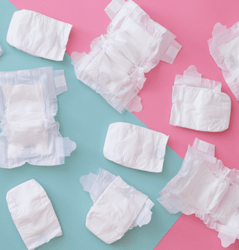 scattered and opened adult diapers resembling urinary incontinence in elders